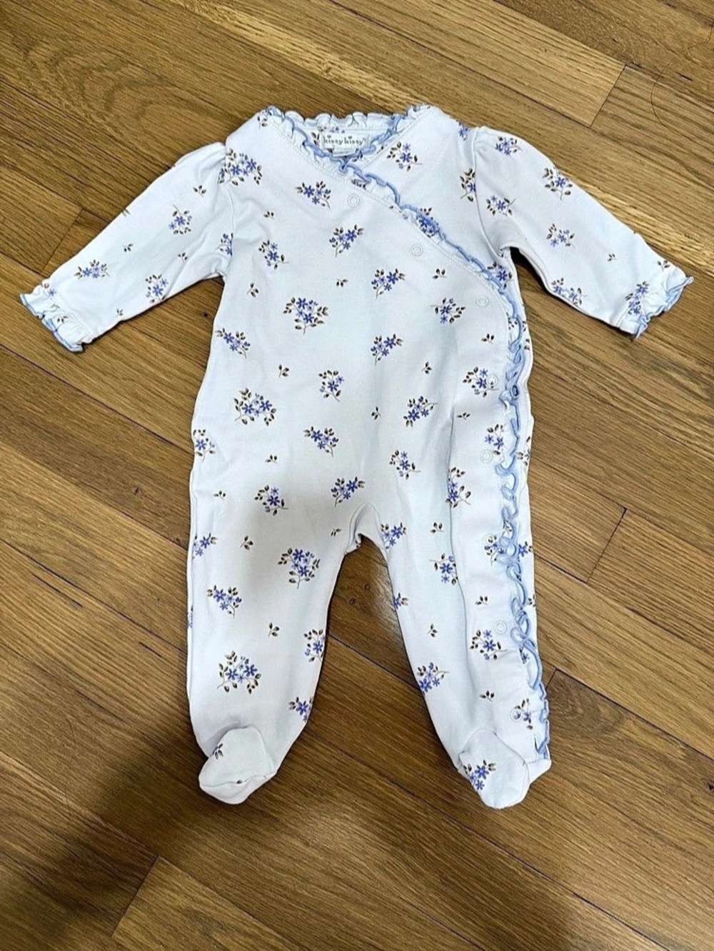 Kissy Blue Floral Ruffle Edge Pima Cotton Footie 0-3M BRAND NEW NEVER USED